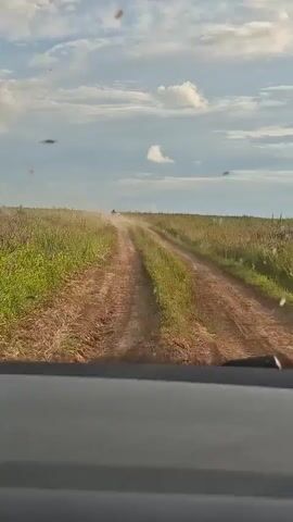 The video captures a dirt road winding through a grassy field under a cloudy sky. In the distance, a silhouette of a person on a motorcycle or quad bike is visible, kicking up dust as they travel along the road. The scene appears to be set in a rural area, possibly Marakushi, Russia, given the provided context. The time of day seems to be late afternoon or early evening, as suggested by the soft, diffused light and the presence of clouds. The weather appears to be warm and possibly dry, given the dust being kicked up. The overall mood of the video is one of movement and open space, evoking a sense of freedom and adventure associated with riding on rural roads. There is no visible text in the media file.