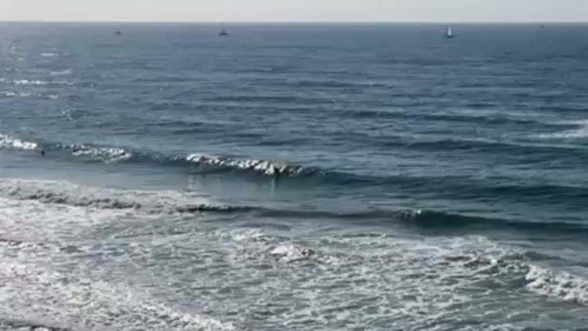 The video shows a wide shot of a beach with waves rolling in. In the distance, there are a few sailboats on the ocean. Closer to the shore, there are several surfers riding the waves. The water is a deep blue color and the sky is clear. The overall scene appears calm and sunny.