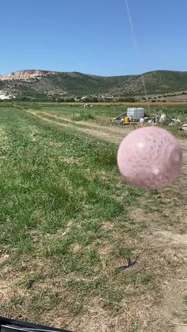A pink, textured sphere is visible in the foreground, suspended in the air and appearing to move from right to left. It is attached to a thin string that extends upwards and out of frame. The background depicts a rural landscape with green fields, a dirt road, some agricultural equipment including white tanks, and rolling hills under a clear blue sky. The scene appears to be outdoors on a sunny day.