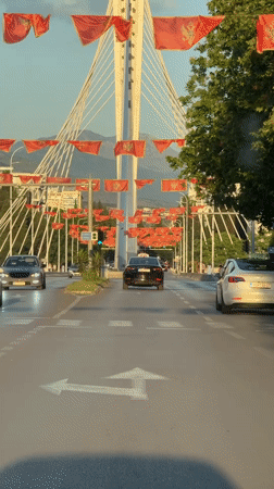 Cable-stayed bridge observed in Podgorica street scene