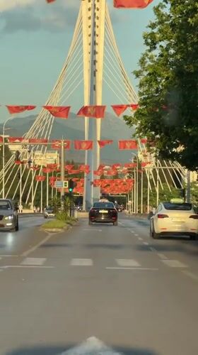 Cable-stayed bridge observed in Podgorica street scene