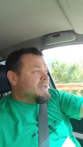 A man is shown in the driver's seat of a car, wearing a green t-shirt and a seatbelt. He is bearded and has a receding hairline. He appears to be singing or yelling, with his mouth open wide in one frame. Outside the car window, green trees and foliage are visible. The car's interior is light-colored, and the dashboard is visible. The man's expression varies, from contemplative to expressive, as he sings or speaks. The footage is taken from inside the vehicle, offering a close-up view of the driver.