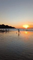 Sunset beach scene with horses, riders, and strollers at the shore