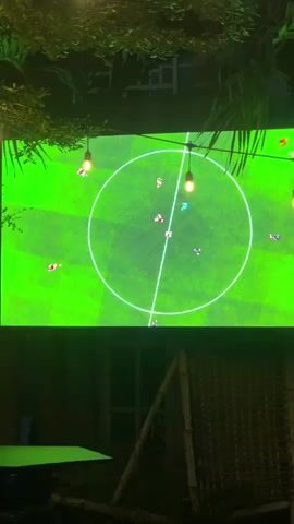 A low-angle shot shows a large television screen displaying a top-down view of a cartoon soccer game. The field is bright green with a large white circle in the center. Several animated figures in red, white, and black uniforms are positioned around the circle. Above the screen are hanging lights and leafy green plants. Below the screen is a bamboo structure and a green surface. A person's shoulder and part of their head are briefly visible at the bottom of the screen. The scene is dimly lit, suggesting it is nighttime.