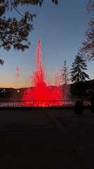 Color-changing fountain operates at twilight in Panagyurishte, Bulgaria