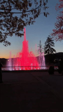 Color-changing fountain operates at twilight in Panagyurishte, Bulgaria