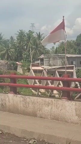 The video shows a view from a vehicle, likely a car, driving on a road. The camera pans slightly to the right, revealing a bridge with red railings. On the bridge, an Indonesian flag is visible, fluttering in the wind. Beyond the bridge, lush green vegetation and palm trees dominate the landscape, with a few simple buildings scattered in the background. The sky is overcast. As the vehicle continues forward, the bridge's metal structure comes into full view. A large truck and a motorcycle are seen on the bridge, traveling in the same direction as the camera. The video concludes as the vehicle moves further onto the bridge.