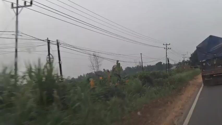 The video is shot from inside a vehicle, looking out a window. The view is of a rural roadside scene with a cloudy, overcast sky. The foreground is dominated by green foliage and vegetation, including what appear to be banana trees. Several power lines are strung across the frame, supported by utility poles. In the distance, more trees and vegetation are visible. A large truck, partially covered with a blue tarp, is seen on the right side of the road, moving away from the camera. There is a noticeable haze or smoke in the distance, particularly visible on the left side of the frame. The overall impression is a slightly hazy, possibly humid, outdoor environment in a developing or rural area.