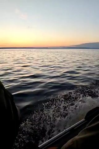 The video shows a person in a small boat on the water at sunset. The person is wearing a life jacket and a baseball cap. The boat is moving, creating a wake. The sky is a gradient of orange, yellow, and blue, with a few clouds. The water is calm, with small waves. The overall scene is peaceful and serene.