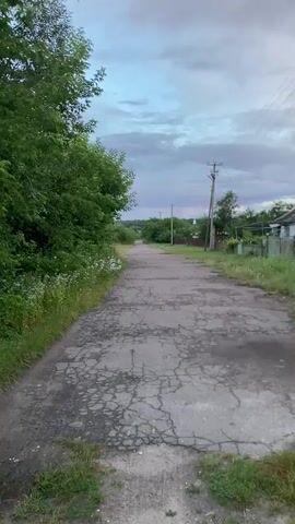 A video taken from a first-person perspective shows a person walking down a cracked asphalt road in a rural area. The road is lined with green trees and vegetation. In the distance, there are houses and utility poles. The sky is cloudy with shades of blue, gray, and pink, suggesting it is either dawn or dusk. The overall impression is that of a quiet, perhaps abandoned, rural road.