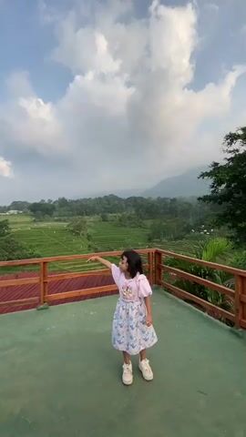 A little girl stands on a viewing platform with a wooden railing, taking in the view of rice paddies and a mountain in the distance. She wears a light pink t-shirt with a Minnie Mouse design, a floral skirt, and white sneakers. She initially points towards the scenery, then turns and walks towards the railing to look out at the landscape. The sky is partly cloudy.