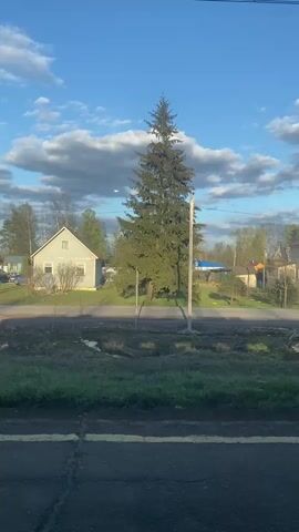 The short video depicts a rural or village scene under a bright blue sky with scattered white clouds, suggesting late afternoon or early evening. A prominent, tall evergreen tree stands centrally, with two utility poles nearby. To the left, a light-colored house with a reddish roof and small windows is visible. The foreground shows an asphalt road with a yellow dashed line, and an area of grass and bare ground.

Mid-sequence, a man wearing a dark hoodie and light-colored overalls walks into the frame from the left, passing close to the camera. He briefly turns his head to look towards the camera with a subtle smile before exiting the frame to the right. Shortly after, a silver car, possibly a station wagon or SUV, drives from right to left in the background, behind the location where the man walked. No text is visible in the video.