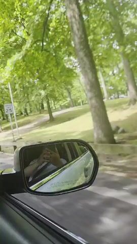 A car drives through a park on a sunny day, as seen from the passenger side. The window is down, and the side mirror shows the passenger looking at their phone. The park is full of green trees and grass, and there are a few signs visible, including a speed limit sign of 25. The video is shaky, indicating that it was recorded while the car was moving. At the end of the clip music starts to play.