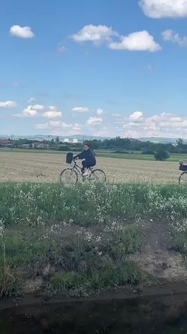 Two people are riding bikes along a dirt path next to a field. A small dog is riding in a basket on the front of one of the bikes. The sky is blue with fluffy white clouds. A small body of water runs in the foreground of the shot. In the distance is a city skyline. One person is wearing a dark jacket and a hat. The other person is wearing a light-colored shirt and shorts. They are moving from left to right across the frame.