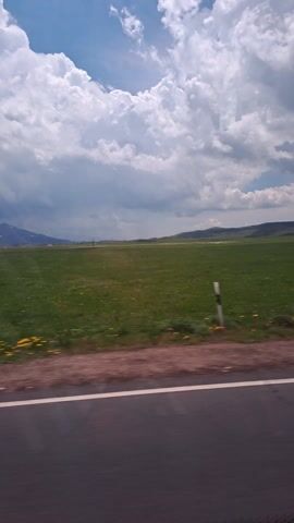 A low-angle shot captures the view from a moving vehicle in Alagyaz, Armenia. On the right, a road with a white shoulder line extends forward. A vast green field, dotted with yellow wildflowers, stretches to the left, under a blue sky filled with white clouds. A mountain range is visible in the distance. The vehicle appears to be moving forward at a moderate speed, as the landscape blurs slightly. The lighting suggests it's daytime, possibly late morning or early afternoon, with clear weather conditions.