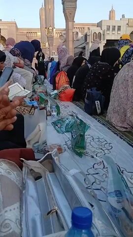 A group of women are sitting on a patterned mat outside, presumably in a public square or courtyard, with a grand building and tall minarets visible in the background. Many of the women are dressed in traditional Islamic clothing, including hijabs and niqabs, indicating a possible religious or cultural context. Snacks and drinks are spread out on the mat, suggesting a gathering for a shared meal or snack. Some women are engaged in reading from religious texts or looking at their phones, while others appear to be conversing or simply relaxing. The overall atmosphere seems calm and communal, set against the backdrop of the impressive architecture.
