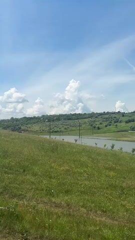 A vertical, handheld video shows a serene landscape under a bright blue sky with fluffy white clouds. The foreground is a grassy field with scattered yellow wildflowers. In the mid-ground, a calm body of water reflects the sky. Beyond the water, rolling green hills are covered in lush vegetation and scattered trees. Several utility poles are visible along the edge of the water and on the hills. The overall impression is one of peaceful, natural beauty.