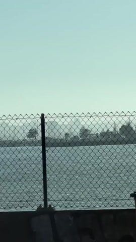 A chain-link fence is in the foreground of the video. Beyond the fence is a body of water and a distant city skyline. The sky is clear and pale blue. The camera appears to be moving, as the view of the city skyline shifts. There are no people or animals visible in the video. The overall impression is one of a somewhat hazy, overcast day.