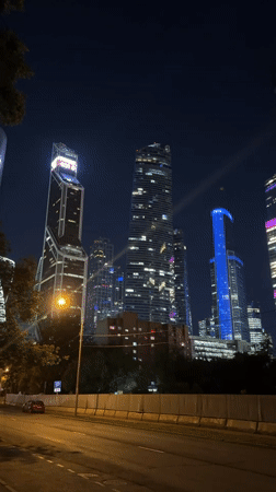 Moscow's glittering skyscraper district after dark