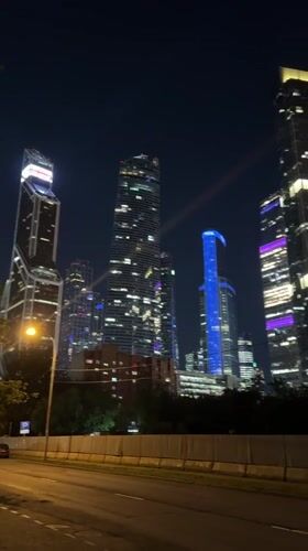Moscow's glittering skyscraper district after dark