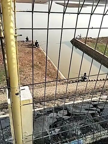 The video begins with a view of a body of water seen through a metal fence. Two individuals are fishing on a concrete structure extending into the water. The camera then pans up to show a wider view of the water, with more people fishing and some birds on the water. In the background, there is a treeline and a clear sky. The video then shows a close-up of a flag with red and white sections and a blue and yellow emblem. The camera then moves to show a path with motorcycles parked along it. A person is seen walking down the path, and a large tree is visible. The scene appears to be outdoors on a sunny day.