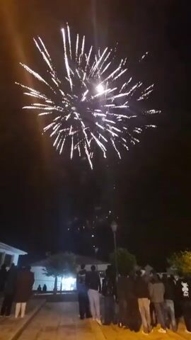 A crowd of people are watching fireworks in the night sky. The fireworks are large, bright, and colorful, exploding with white, orange, and pink bursts. The fireworks go off higher in the sky, and they are being watched from a town square or park at night. The crowd is standing on a paved area, with buildings, trees, and street lights visible in the background. The mood appears celebratory.