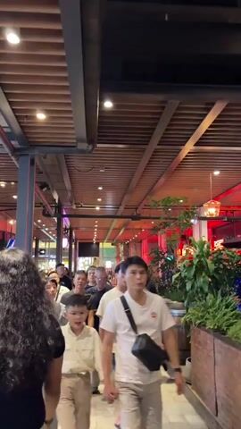 The video shows a crowd of people walking down a covered walkway. The walkway is lined with shops and restaurants, and there are plants in the background. The people are of various ages and ethnicities, and they are dressed in casual clothing. They are walking in both directions, and some of them are talking to each other. The ceiling of the walkway is made of wood slats.