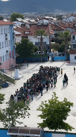Students gather in Turkish school courtyard during morning assembly