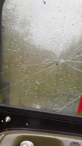 The video begins with a close-up shot of a cracked glass window, with raindrops visible on its surface. The background shows blurred greenery. The camera then pans to reveal two individuals wearing raincoats, one red and one black, standing in what appears to be an outdoor environment with trees and foliage. The person in the red raincoat is speaking, while the person in the black raincoat is facing away from the camera. The scene is wet, suggesting it is raining. The overall atmosphere is one of being outdoors in inclement weather.