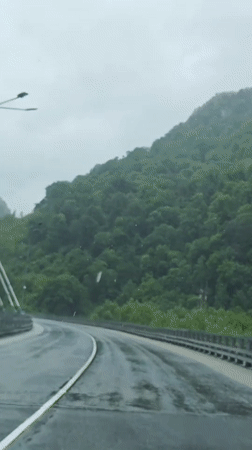 Vehicle crosses cable-stayed bridge in rainy conditions, Kepsha Russia