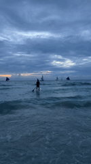 Paddleboarding and paraw sailboats off a Philippine beach