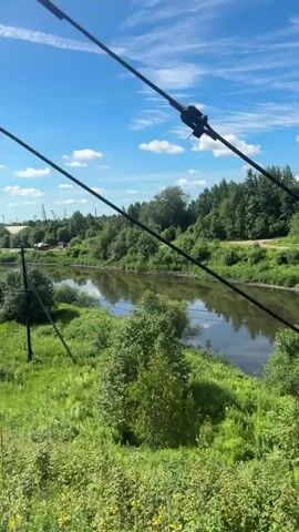 This is a vertical video of a natural landscape. The scene features a body of water, likely a river or canal, reflecting the blue sky and white clouds. Lush green vegetation, including trees and tall grass, surrounds the water. In the distance, there are hints of industrial structures, possibly factories or power lines, interspersed with more trees. The foreground is dominated by tall green grass. The overall impression is of a bright, sunny day in a rural or semi-industrial area.