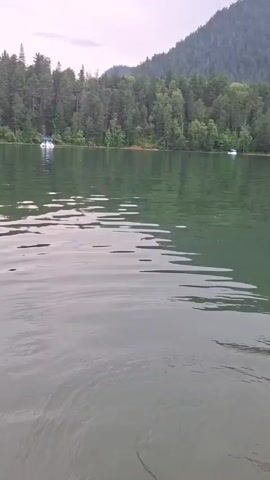A person's legs and feet are submerged in calm, green water, with ripples on the surface. In the background, a forested mountain slope rises behind a wide, calm lake. A small white boat is visible on the water in the distance, and a small yellow structure resembling a church or bell tower is situated on the far shore, surrounded by trees. The sky is overcast. The camera pans slightly to the left, showing more of the lake and the treeline.