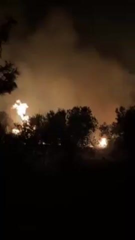 The video shows a fire at night. Flames are visible beyond a dark treeline. The sky is dark with a smoky haze.