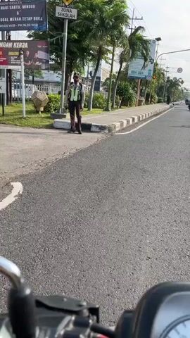 A person in a reflective vest and dark pants stands on a sidewalk next to a road. The person appears to be directing traffic. Trees and buildings are visible in the background. The road is paved and appears to be in a city or town. The sky is partly cloudy.