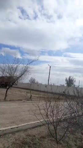 The camera pans upwards, showing a landscape with a white building. In the foreground, there are several bare, leafless trees or bushes. A concrete barrier or wall is visible behind them, and a light pole stands beside it. The sky is mostly covered in white and gray clouds, with patches of blue sky visible. The sun is shining behind the clouds, casting a diffused light over the scene. The general atmosphere appears to be outdoors on a day with a partly cloudy sky.