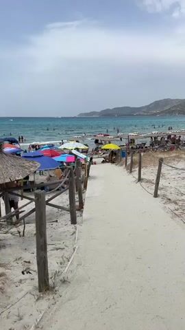 The video opens with a wide shot of a crowded beach. People are sunbathing and swimming in the ocean. Colorful umbrellas dot the sand, providing shade. A sandy path leads from the foreground toward the water. As the video progresses, the camera pans to focus on a large signpost. The sign is informational, featuring text in Italian and English, and includes a map and various icons. The top of the sign states "You are in a MARINE PROTECTED AREA." Below that, it lists prohibited activities with corresponding symbols, such as fishing, disturbing marine life, and littering. The bottom section offers "Good habits" for beachgoers. The background shows the turquoise ocean and a hilly coastline under a partly cloudy sky.