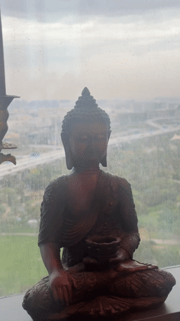 Buddha statue overlooks Dubai highway from window perch