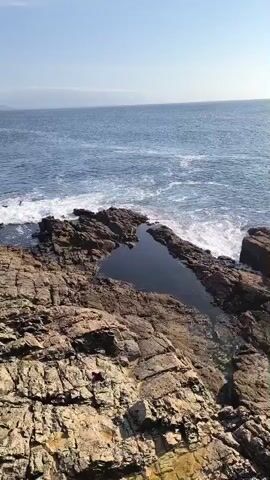 The video shows a rocky coastline with the ocean in the background. Waves are crashing against the rocks, and there is a small tidal pool in the foreground. The sky is clear and blue. The sun is shining. There are no people or animals visible in the video. The video is shot from a high angle, looking down at the coastline. The camera is static. The video is in color. The video is short, lasting only a few seconds.