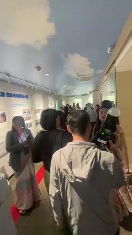 The video shows a group of people in a hallway. The hallway has a blue ceiling painted with clouds. On the left wall, there is an exhibit with photos and text. A woman in a colorful sari is standing near the exhibit, looking at her phone. A person in a black shirt and green pants is standing next to her, looking towards the end of the hallway. In the foreground, a person in a gray hoodie is holding a camera with a flash. Other people are visible further down the hallway, some of whom appear to be looking at the exhibit. The lighting is bright, and the atmosphere seems to be that of an event or exhibition.