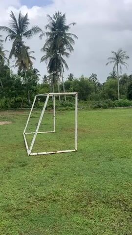 A white soccer goal is visible in the foreground, placed on a grassy field. Behind the goal, a dense cluster of palm trees and other vegetation forms a backdrop. In the mid-ground, a small white building with a dark roof is situated amongst the trees. The sky is overcast with gray clouds, suggesting a potentially cloudy or stormy day. The overall environment appears to be tropical or subtropical. There are no people or animals visible in the video. The camera pans slowly from left to right, offering a panoramic view of the scene.