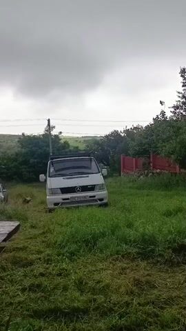 A white van is parked in a grassy area. The van is facing forward and is positioned in the center of the frame. The grass in the foreground is cut short, while the grass behind the van is longer and taller. There are trees and bushes in the background, as well as a red fence. The sky is overcast and cloudy. A wooden structure is partially visible in the bottom left corner of the frame. The van appears to have a roof rack. The license plate of the van is visible and appears to have some numbers and letters on it. The overall scene suggests an outdoor setting, possibly a rural or suburban area.