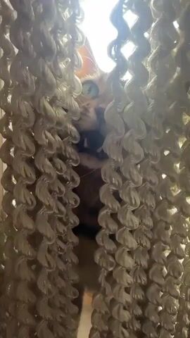 The video begins with a close-up view of thick, coiled, cream-colored strands, possibly part of a curtain or decorative hanging. The camera pans slightly, revealing a bright light source behind the strands, suggesting a window or open doorway. Between the strands, a cat with tabby markings and striking green eyes can be seen peeking through. The cat's head is visible, and it appears to be looking towards the light. As the video progresses, the cat moves, and its body becomes more visible, showing its striped fur. The camera then shifts focus, and the cat's head is seen from a different angle, close to the strands, with a glimpse of the environment outside the window, which appears to be outdoors with some buildings visible in the distance.