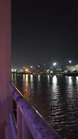 The video shows a body of water at night. The water reflects the lights of industrial buildings and streetlights on the shore. The lights create a shimmering effect on the water's surface. In the foreground, a railing of a structure, possibly a boat or a pier, is visible. The railing is white with a metal handrail that appears to be silver or grey, with blue and purple lighting reflecting onto it. The sky is dark and clear.