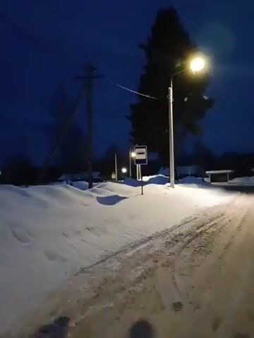 The video shows a snow-covered road at night, illuminated by streetlights. The camera appears to be moving forward on the road, capturing tire tracks in the snow. On the left side of the road, there's a snow-covered bank with a bus stop sign and a telephone pole. Trees line both sides of the road, their shapes silhouetted against the dark blue sky. The overall scene conveys a sense of quiet and coldness.