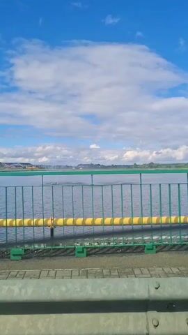 A video shows a body of water with a blue sky and clouds above. In the distance, there appear to be fountains or water jets. The foreground is blurred, suggesting movement, possibly from a vehicle. A green railing and yellow pipe are visible on the right side of the frame. A striped barrier with black and white markings is also present in the foreground. Green grass and a paved walkway are visible along the edge of the water. The overall environment appears to be outdoors, possibly a park or waterfront area.