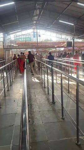 The video shows a line of people in what appears to be a temple or a religious site. There are metal railings creating a queue line, and a covered roof overhead with sunlight filtering through. People are dressed in casual clothing and some are wearing traditional Indian attire like sarees. The atmosphere seems calm, with people waiting in line, some are walking, and one person is bending down, possibly attending to something on the ground. The floor is tiled, and there are some shadows cast by the railings and the sunlight. The scene suggests a place of worship with a controlled flow of visitors.