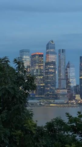 The video shows a cityscape at dusk. Tall buildings with illuminated windows are visible across a body of water. Trees in the foreground partially obscure the view. The sky is a deep blue, suggesting twilight. There are no people or visible activity in the scene.