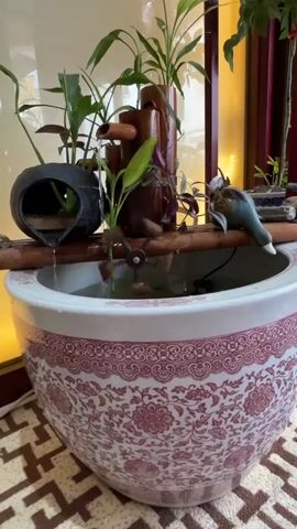 The video shows a close-up of a decorative indoor water feature. A multi-tiered bamboo fountain sits atop a large, ornate ceramic bowl filled with water. Water cascades from the bamboo structure into the bowl, turning a small, wooden water wheel that is partially submerged. Several green plants are interspersed within the bamboo fountain. A decorative ceramic bird figurine is perched on a wooden support beam that spans the bowl. The water in the bowl appears to contain at least one red fish, visible near the bottom. The bowl itself is decorated with a pink, intricate pattern around its rim. The background is blurred, suggesting an indoor setting with warm lighting.