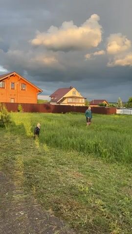 In a daytime outdoor scene, a green field with tall grass dominates the foreground, transitioning into shorter, mowed grass at the bottom edge. Two people are visible: a child, dressed in black, stands near the mowed grass, and an adult in a green shirt and hat walks through the tall grass. Behind them are houses and fences, with a dramatic sky featuring dark storm clouds and patches of bright sunlight. As the camera pans, a rainbow becomes visible in the distance, arching over the houses and trees.